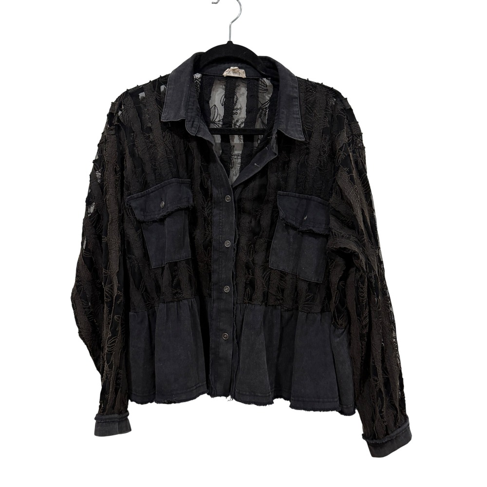 POL Clothing Black Lace Mixed Media Button Down Shirt Shacket‎ FWJ202 Small